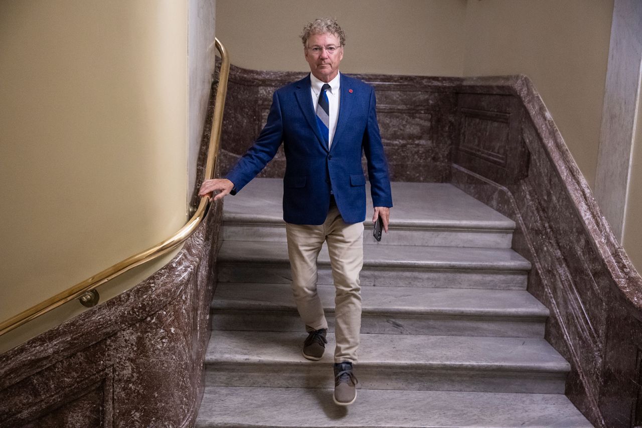 Sen. Rand Paul departs a procedural vote on a budget reconciliation bill with President Trump's legislative agenda at the U.S. Capitol on Saturday.