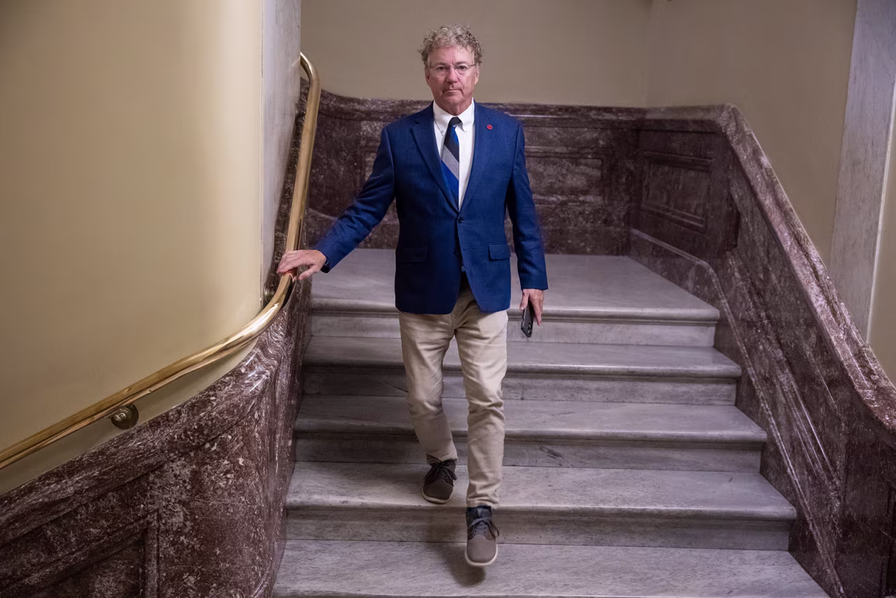 Sen. Rand Paul departs a procedural vote on a budget reconciliation bill with President Trump's legislative agenda at the U.S. Capitol on Saturday.