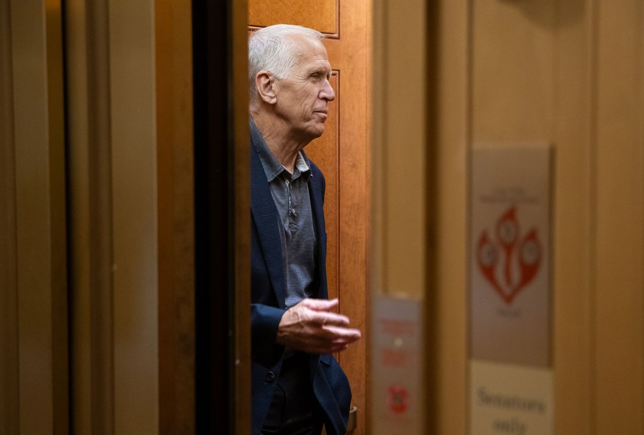 Sen. Thom Tillis is seen in an elevator before a procedural vote on a budget reconciliation bill with President Trump's legislative agenda at the US Capitol on June 28.
