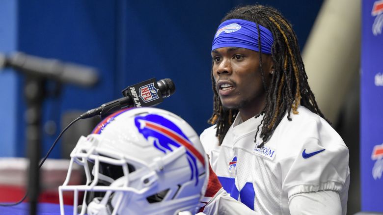 Buffalo Bills cornerbacks Maxwell Hairston (31) speaks to the media after the NFL football team's rookie minicamp in Orchard Park, N.Y., May 9, 2025. (AP Photo/Adrian Kraus)