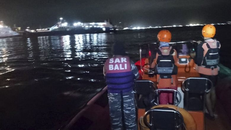 In this photo released by the Indonesian National Search and Rescue Agency (BASARNAS) rescuers search for victims after a ferry enroute for the resort island of Bali sank off Ketapang, East Java, Indonesia, on early Thursday, July 3, 2025.