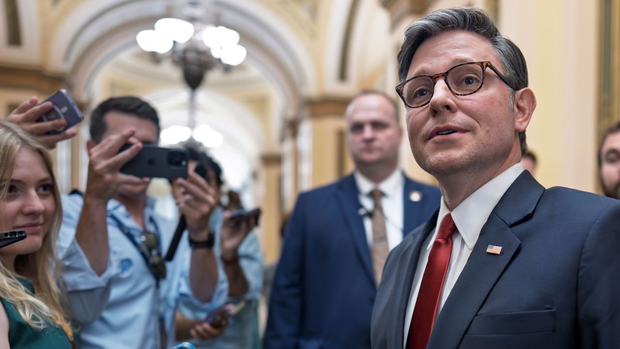 Speaker of the House Mike Johnson, R-La., pauses to speak to reporters as he enters the chamber and prepares for final passage of President Donald Trump's signature bill of tax breaks and spending cuts, at the Capitol in Washington, Thursday, July 3, 2025. (AP Photo/J. Scott Applewhite)