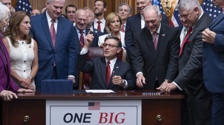 Speaker of the House Mike Johnson, R-La., center, celebrates with fellow Republicans after final passage of President Donald Trump's signature bill of tax breaks and spending cuts, at the Capitol in Washington, Thursday, July 3, 2025. (AP Photo/J. Scott Applewhite)