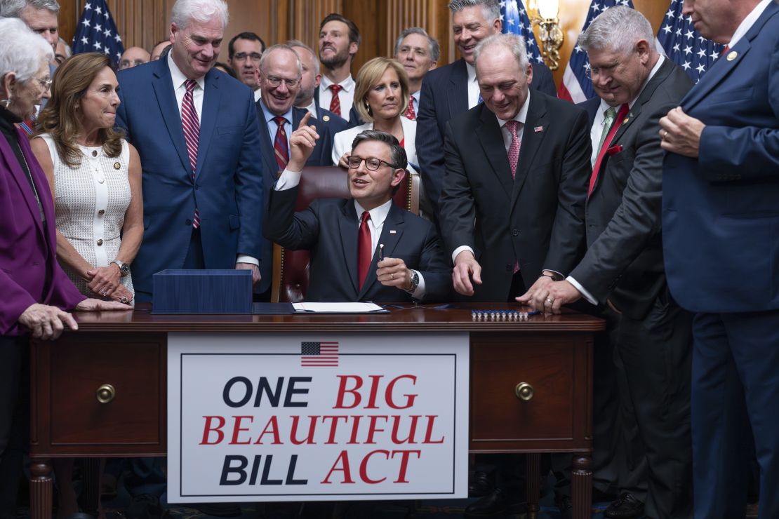 Speaker of the House Mike Johnson, center, celebrates with fellow Republicans after final passage of President Donald Trump's signature bill of tax breaks and spending cuts, at the Capitol in Washington, on Thursday.