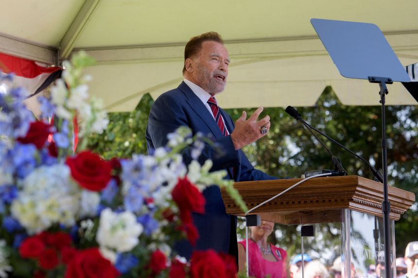 Former California Gov. Arnold Schwarzenegger speaks at a naturalization ceremony for new American citizens, at George Washington's Mount Vernon in in Alexandria, Virginia, on July 4.