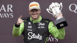 Kick Sauber driver Nico Hulkenberg on the podium after placing third in the British Grand Prix at Silverstone Circuit, Northamptonshire. Picture date: Sunday July 6, 2025. 80912406 (Press Association via AP Images)