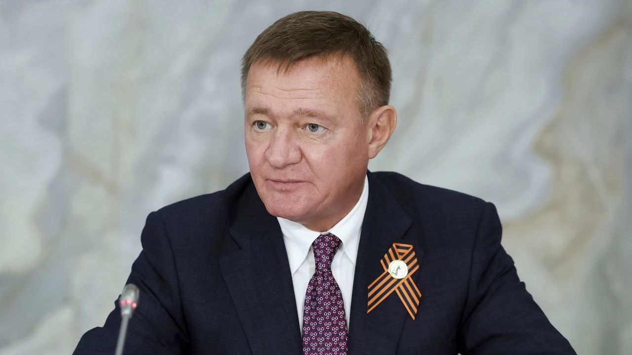FILE - Russian Transport Minister Roman Starovoit attends a meeting in Mineralnye Vody, Russia, Tuesday, May 6, 2025. (Dmitry Astakhov, Sputnik, Government Pool Photo via AP)
