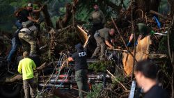 First responders carry out search and rescue operations near the Guadalupe River after a flash flood swept through the area Monday, July 7, 2025, in Ingram, Texas. (AP Photo/Eli Hartman)