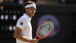 Taylor Fritz during his Gentlemen's Singles match against Karen Khachanov on day nine of the 2025 Wimbledon Championships at the All England Lawn Tennis and Croquet Club, London. Picture date: Tuesday July 8, 2025. 80935690 (Press Association via AP Images)