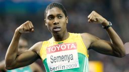 In this 2009 photo, South Africa's Caster Semenya celebrates after winning the gold medal in the final of the Women's 800m during the World Athletics Championships in Berlin.