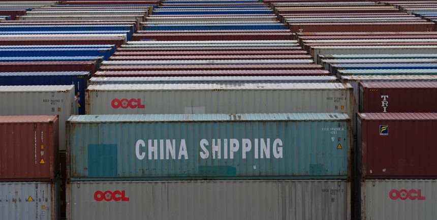 Countless containers stand at the Tollerort container terminal in the port of Hamburg, on July 9, 2025.