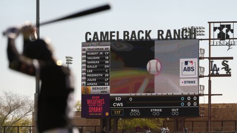 FILE - The Automated Ball-Strike System plays on the scoreboard after a pitch call was challenged during the first inning of a spring training baseball game between the Chicago White Sox and the San Diego Padres, Feb. 26, 2025, in Phoenix. (AP Photo/Carolyn Kaster, File)