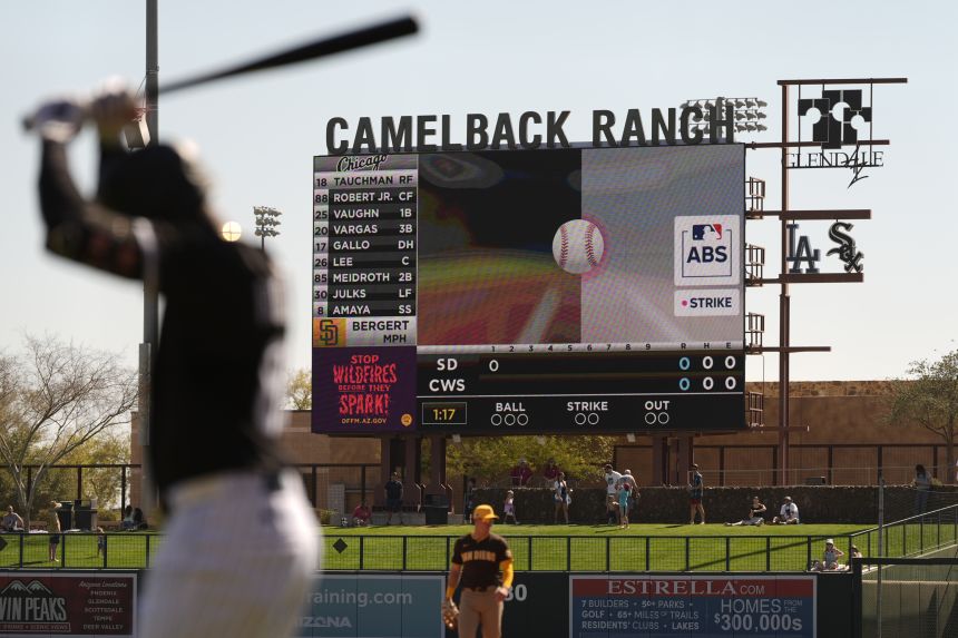 The Automated Ball-Strike System plays on the scoreboard during a spring training baseball game between the White Sox and Padres.