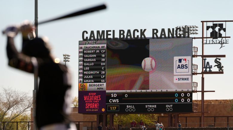 The Automated Ball-Strike System plays on the scoreboard after a pitch call was challenged during the first inning of a spring training baseball game between the Chicago White Sox and the San Diego Padres in Phoenix on February 26.
