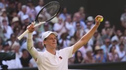 Jannik Sinner of Italy celebrates winning the men's semifinal singles match against Novak Djorkovic of Serbia at the Wimbledon Tennis Championships in London, Friday, July 11, 2025.(AP Photo/Kirsty Wigglesworth)