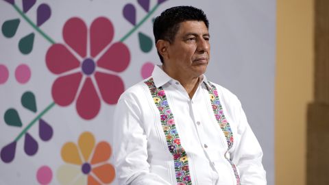 The Governor of the state of Oaxaca, Salomon Jara Cruz, speaks during a briefing about the Guelaguetza Festival at the National Palace in Mexico City, Mexico, on July 11, 2025. (Photo by Luis Barron/Eyepix Group) (Photo by Eyepix/NurPhoto via AP)