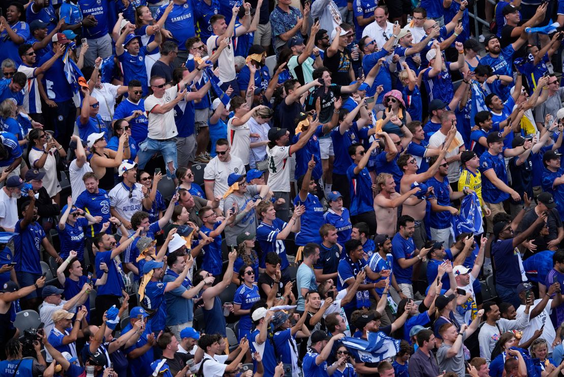 Chelsea fans celebrate at the end of the Club World Cup final.