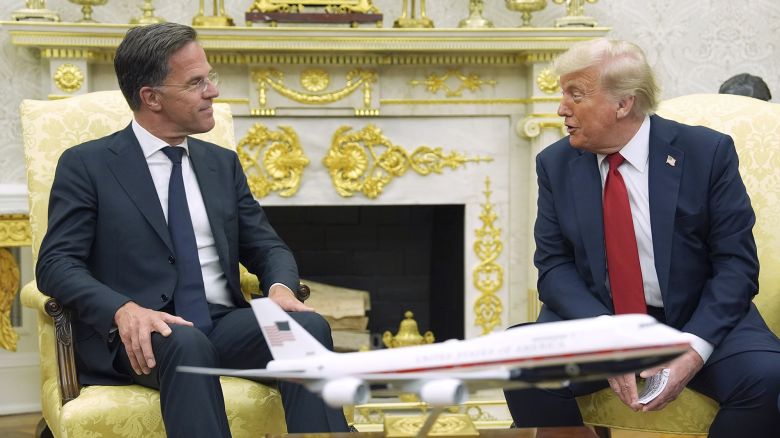 President Donald Trump, right, meets with NATO Secretary General Mark Rutte in the Oval Office of the White House, Monday, July 14, 2025, in Washington. (AP Photo/Evan Vucci)