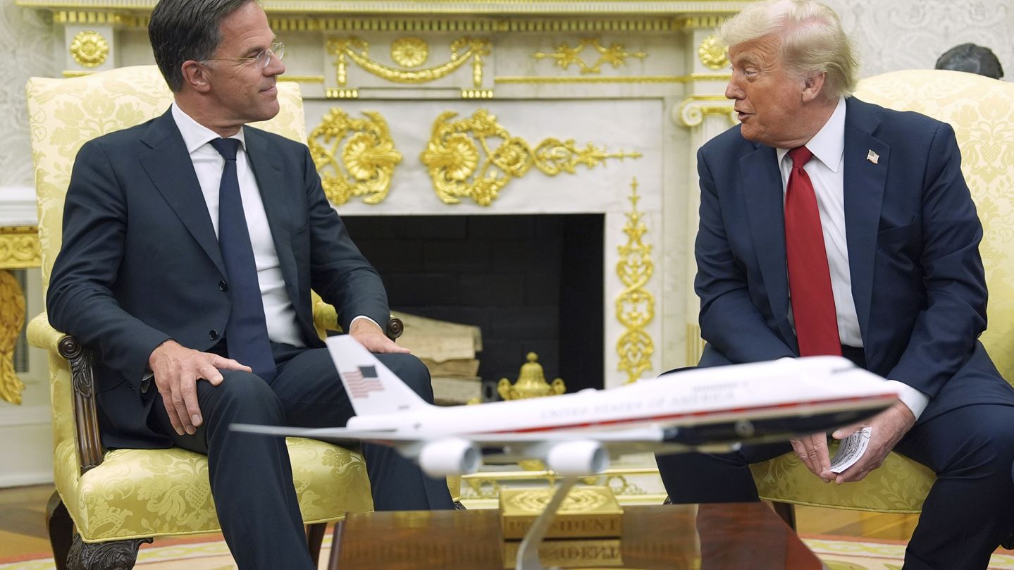 President Donald Trump, right, meets with NATO Secretary General Mark Rutte in the Oval Office of the White House, Monday, July 14, 2025, in Washington. (AP Photo/Evan Vucci)