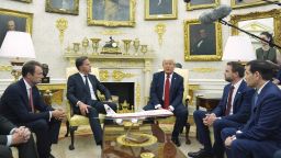 NATO Secretary General Mark Rutte, from second left, meets with President Donald Trump as Vice President JD Vance and Secretary of State Marco Rubio listen in the Oval Office of the White House, Monday, July 14, 2025, in Washington.