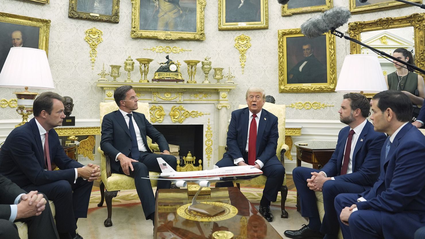 NATO Secretary General Mark Rutte, from second left, meets with President Donald Trump as Vice President JD Vance and Secretary of State Marco Rubio listen in the Oval Office on July 14, 2025.