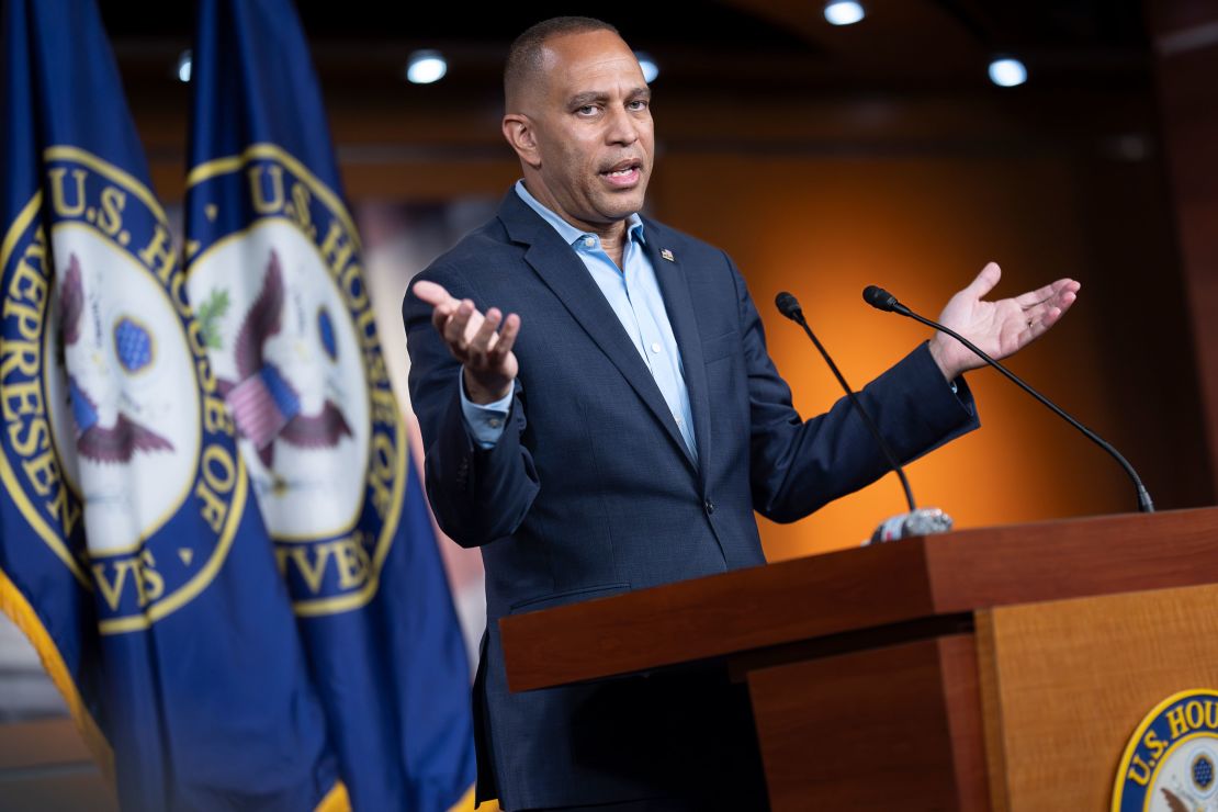 House Minority Leader Hakeem Jeffries speaks during a news conference at the Capitol in Washington, DC, on Monday.