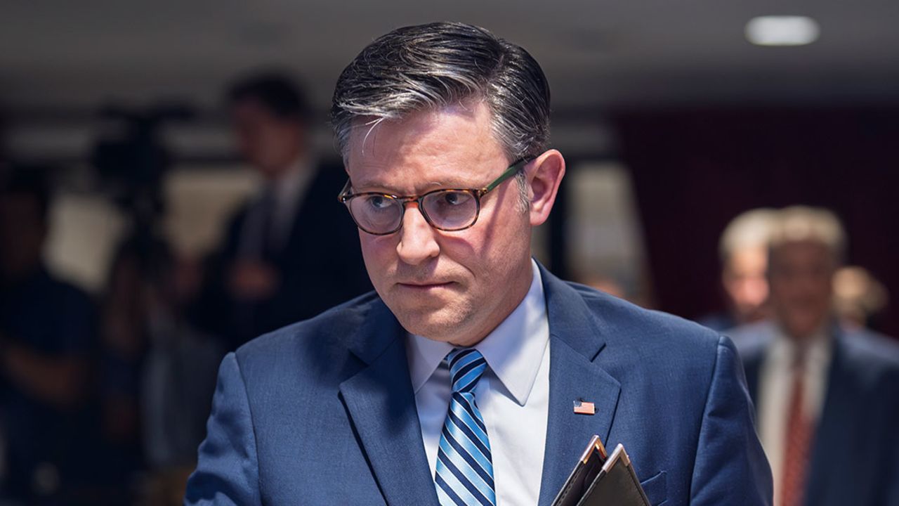 Speaker of the House Mike Johnson, R-La., arrives for a news conference at the Republican National Committee headquarters in Washington, Tuesday, July 15, 2025. (AP Photo/J. Scott Applewhite)