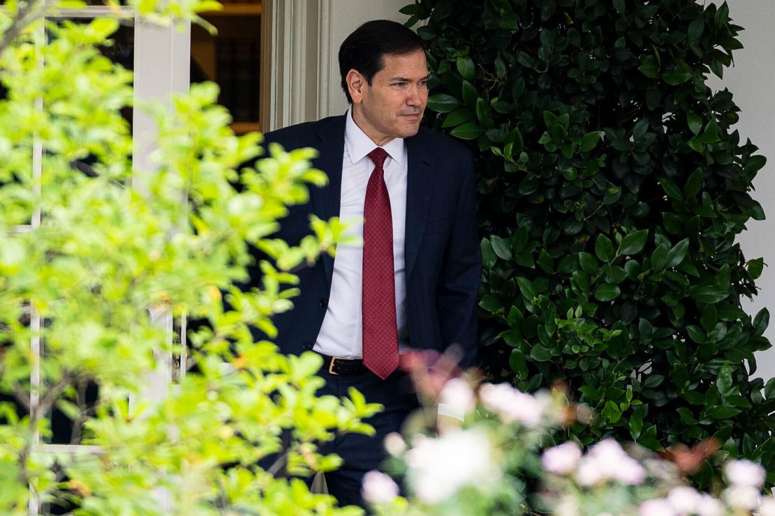 Secretary of State Marco Rubio exits the Oval Office to examine the under-construction Rose Garden outside, at the White House, in Washington, DC, on Tuesday, July 15, 2025.