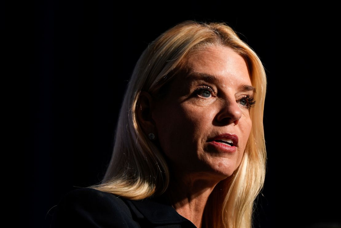 Attorney General Pam Bondi speaks at a news conference at the Drug Enforcement Administration in Arlington, Virginia, on July 15, 2025.