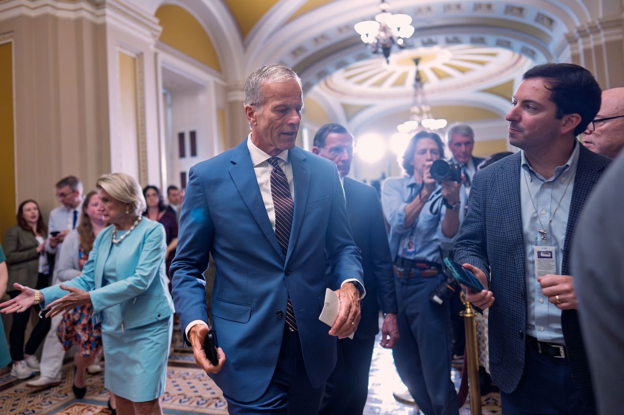 Sen. John Thune speaks to the press at the Capitol in Washington, DC, on Tuesday.