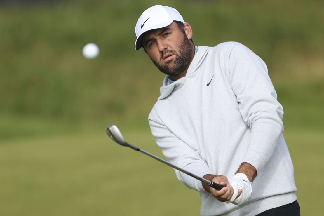 Scheffler chipping during a practice round ahead of The 153rd Open Championship.