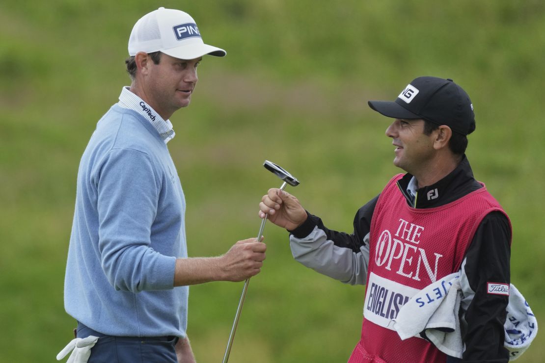 Harris English with his fill-in caddie Ramon Bescansa during Thursday's first round at Royal Portrush. (AP Photo/Jon Super)