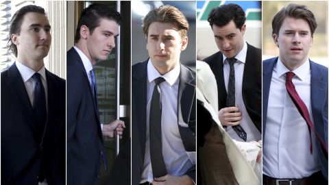 A composite image of five photographs show former members of Canada's 2018 World Juniors hockey team, left to right; Alex Formenton, Cal Foote, Michael McLeod, Dillon Dube and Carter Hart as they individually arrived to court in London, Ontario, Canada, on April 22, 2025.