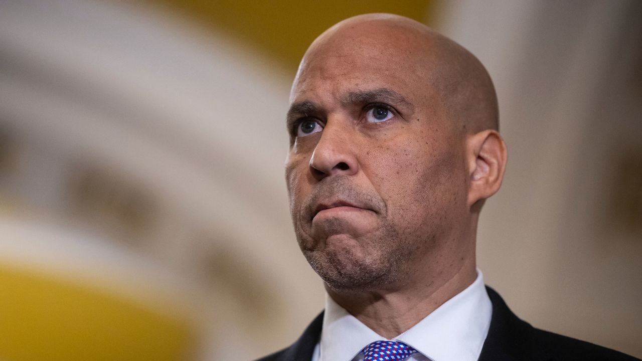 Sen. Cory Booker looks on during a press conference at the US Capitol July 22, 2025.