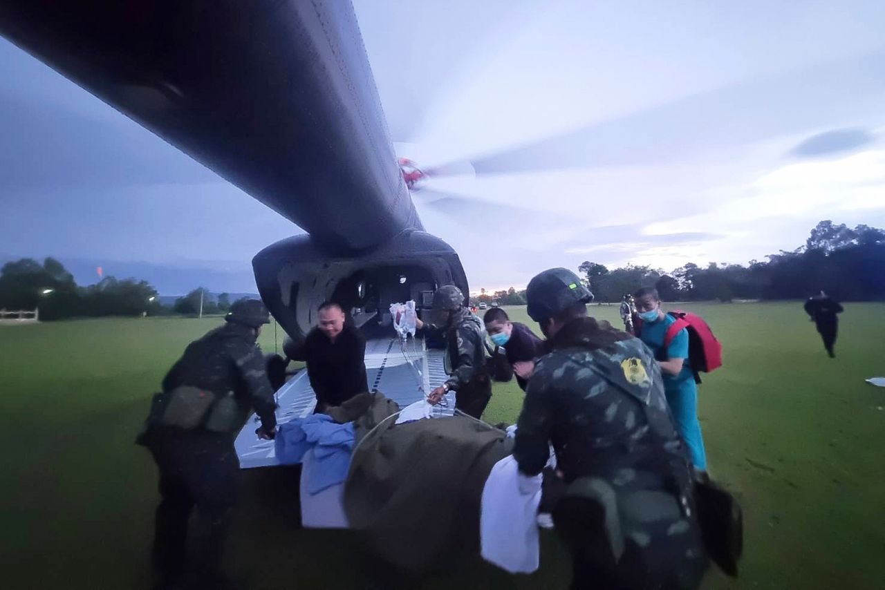 An injured Thai soldier who stepped on a land mine is airlifted to a hospital in Ubon Ratchathani province, Thailand, on Wednesday.