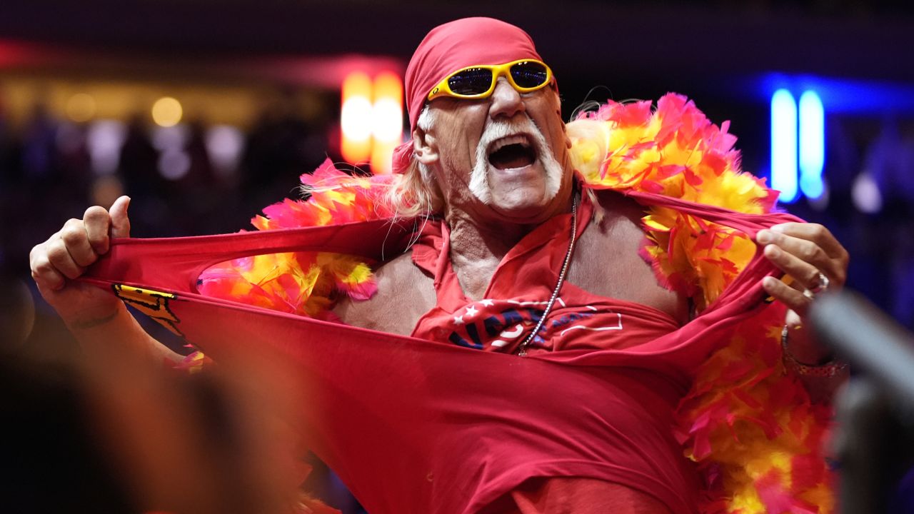 Hulk Hogan rips his shirt before Republican presidential nominee former President Donald Trump speaks at a campaign rally at Madison Square Garden, Octber 27, 2024, in New York.