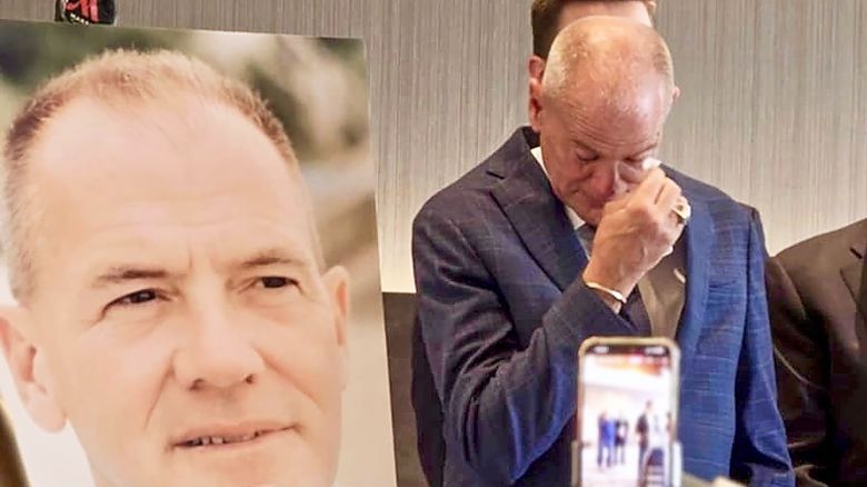 John Huffington, left, wipes away a tear during a press conference with representatives of law firms Romanucci & Blandin and Hart McLaughlin & Eldridge to announce a federal civil lawsuit he is filing after serving more than three decades in prison for a wrongful conviction, in Baltimore, Thursday.