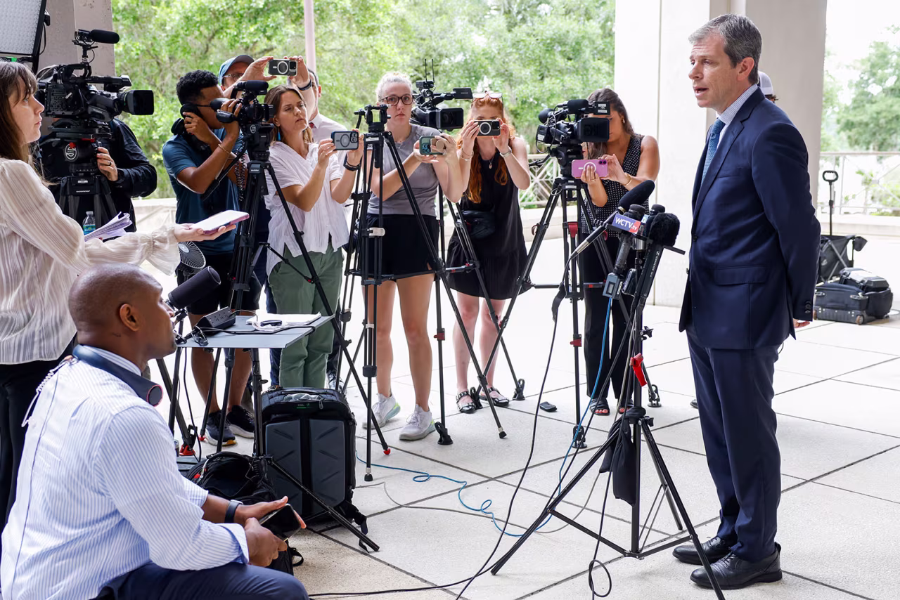 David Oscar Markus, an attorney for Ghislaine Maxwell, talks with the media outside the federal courthouse, Friday, July 25, in Tallahassee, Florida.