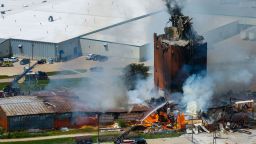Firefighters battle a fire after an explosion in an industrial area in Fremont, Neb., Tuesday, July 29, 2025. (Chris Machian/Omaha World-Herald via AP)