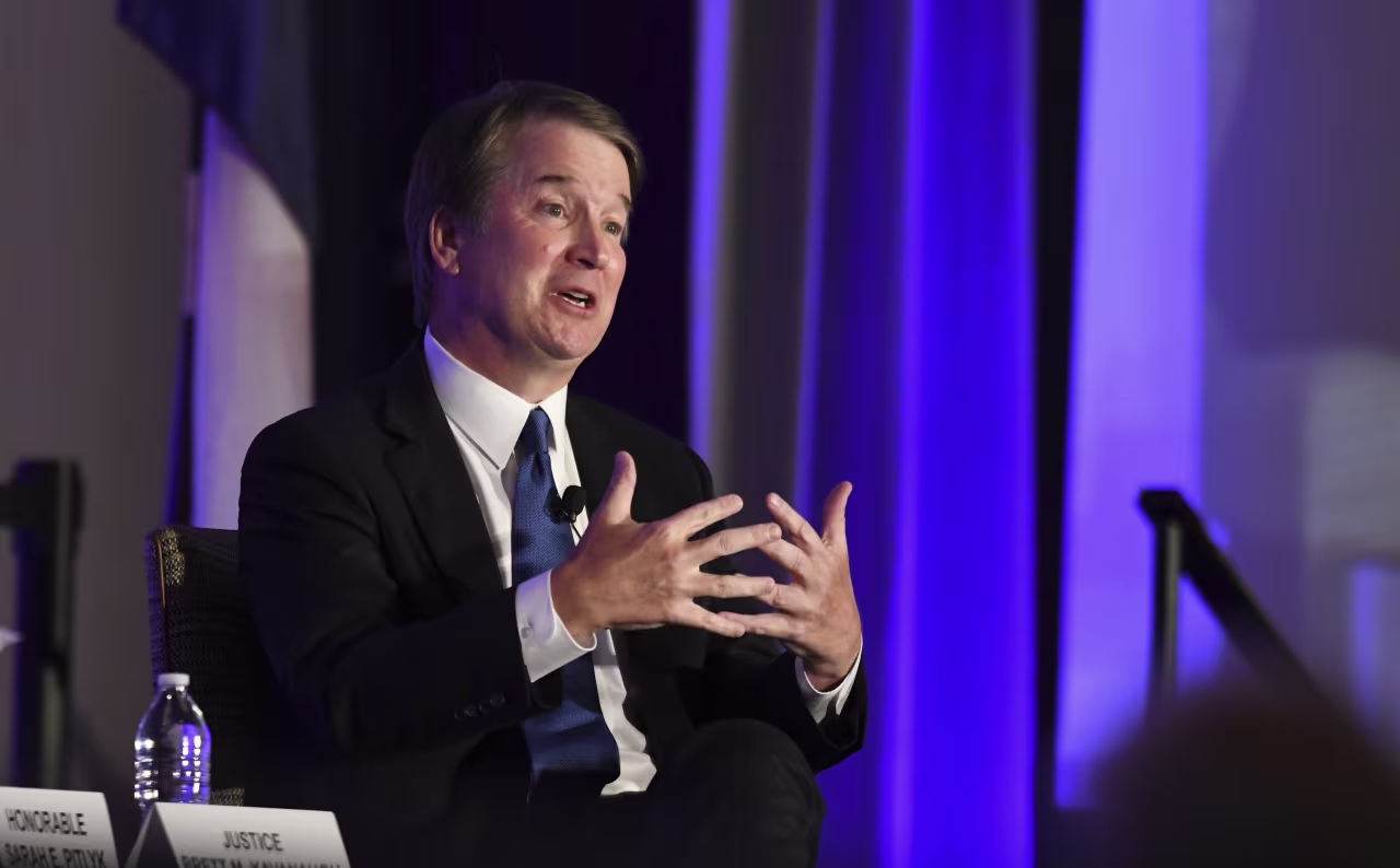 Justice Brett Kavanaugh speaks at a panel at the Eighth Circuit Court Judicial Conference on July 31.