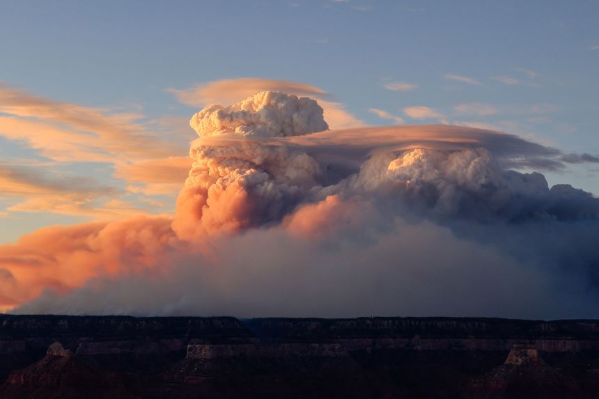 Pyrocumulus clouds formed by the Dragon Bravo Fire are seen at the Grand Canyon in northern Arizona on Sunday, July 27.