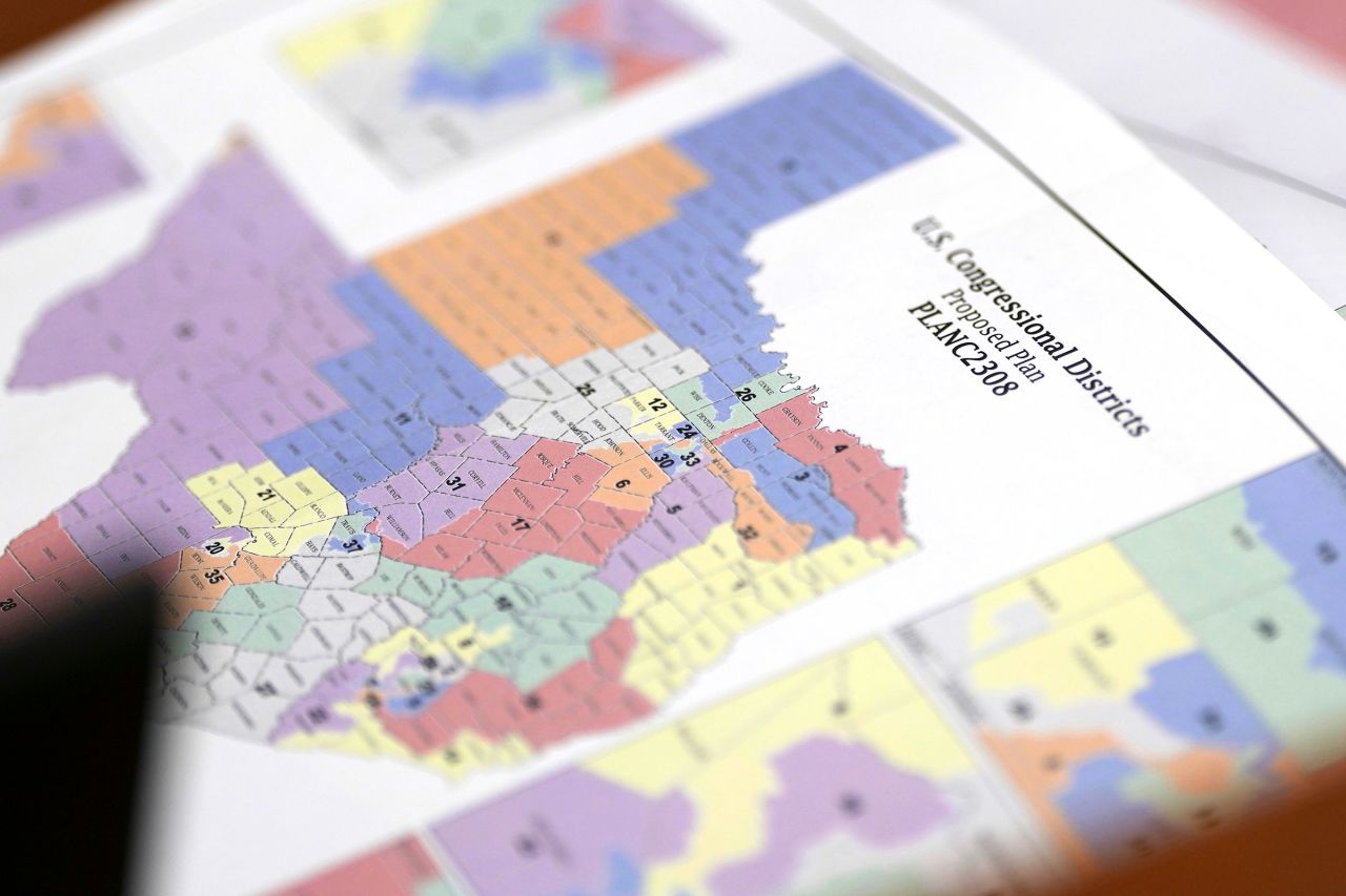 A map of proposed plan for Texas' US Congressional Districts is seen at a public hearing on congressional redistricting in Austin, Texas, on Friday.