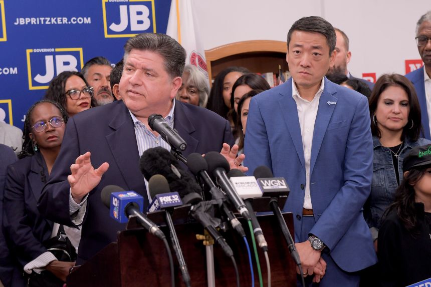 Illinois Gov. JB Pritzker speaks alongside Texas House Democrats during a press conference in Carol Stream, Illinois, on Sunday. Asked about the potential redistricting efforts led by Democratic governors in California and New York, Pritzker said, “Everything’s got to be on the table.”