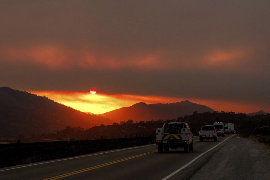 Smoke from the Gifford Fire fills the sky as the sun sets over Los Padres National Forest in California on Monday.