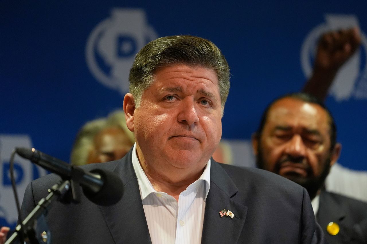 Illinois Gov. JB Pritzker speaks during a news conference with Democrats from Texas in Chicago on Tuesday.