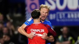 Tempers flare between Ipswich Town's Conor Chaplin and Birmingham City's Christoph Klarer, after Chaplin kicked the ball into the crowd following George Hirst's penalty goal during the Sky Bet Championship match in Birmingham, England, on Friday, August 8, 2025.