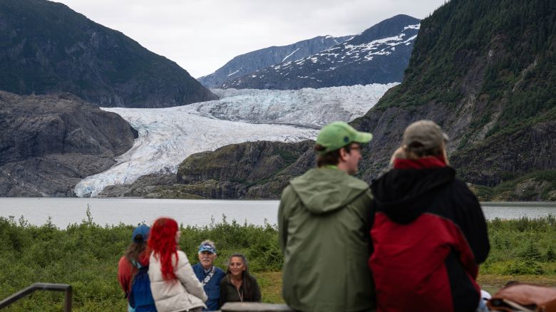 People view Mendenhall Glacier from the Mendenhall Glacier Visitors Center area, Sunday, Aug. 3, 2025, in Juneau, Alaska. (Marc Lester/Anchorage Daily News via AP)