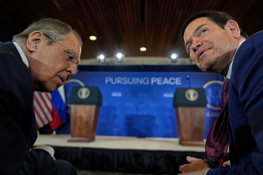 Russia's Foreign Minister Sergey Lavrov and Secretary of State Marco Rubio talks before the joint news conference.
