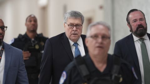 Former Attorney General Bill Barr arrives for a deposition under subpoena from the House Oversight Committee investigating the Jeffrey Epstein case at the US Capitol, August 18, 2025.