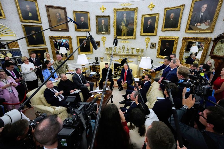 President Donald Trump speaks with Ukraine's President Volodymyr Zelenskyy in the Oval Office of the White House on Monday.